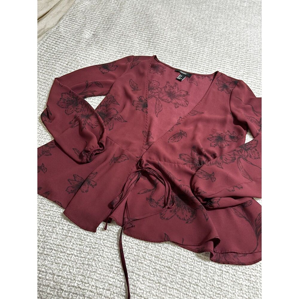 Forever 21 Wine Floral Tie Front Blouse S Fairy Grunge Romantic Witchy Aesthetic - Picture 6 of 10